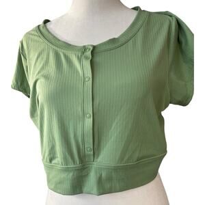 Offline by Aerie Crop Top Henley Women L Sage Green Loungewear Basic Athletic